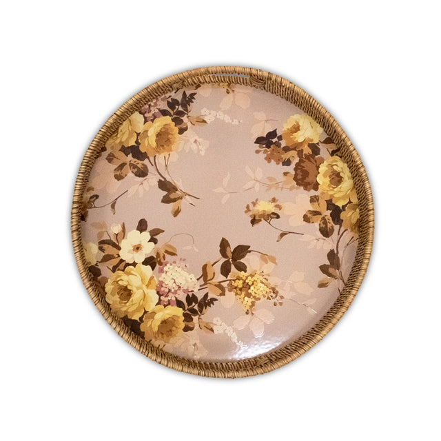 Mackenzie-Childs Wild Rose Mauve Enamel & Rattan Round Tray