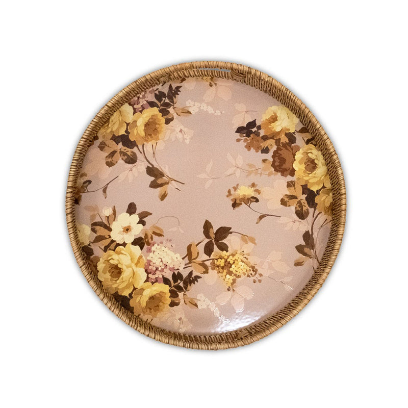 Mackenzie-Childs Wild Rose Mauve Enamel & Rattan Round Tray