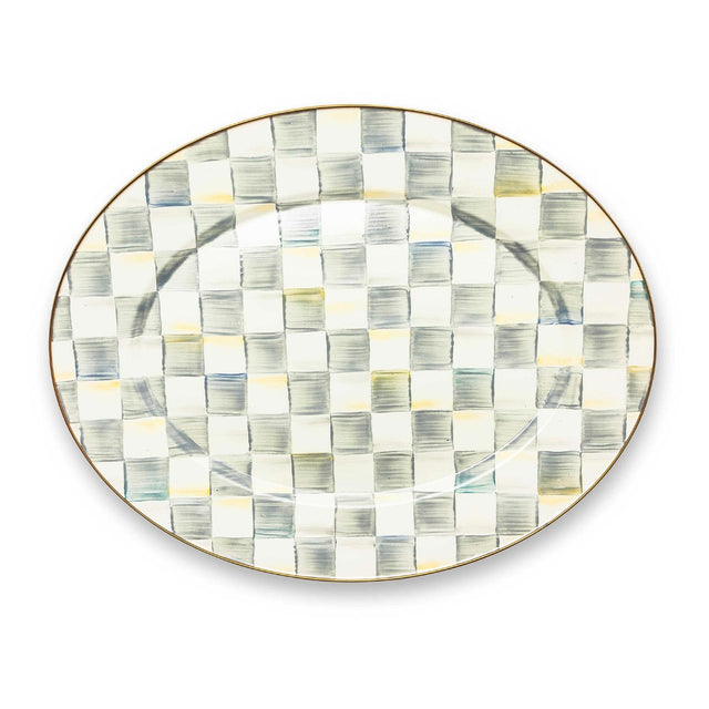Mackenzie-Childs Sterling Check Enamel Oval Pedestal Platter, Large