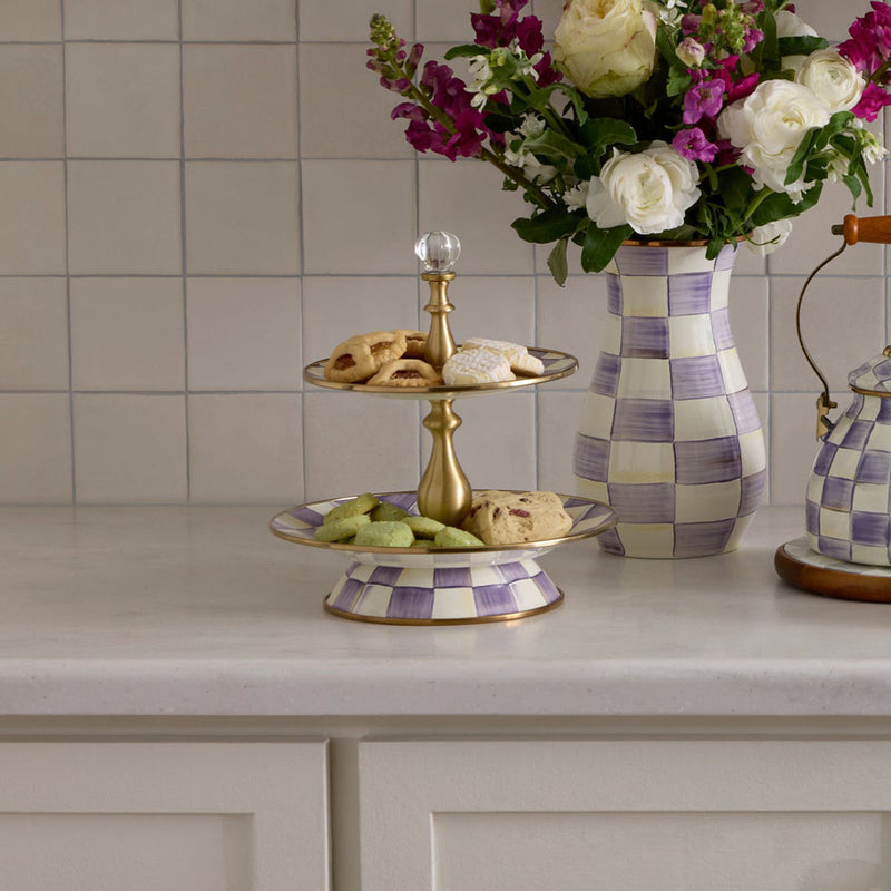 Mackenzie Childs Violet Check Two Tier Sweet Stand