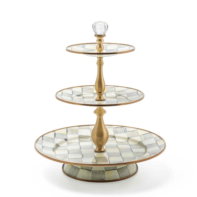 Mackenzie-Childs Sterling Check Enamel Three Tier Sweet Stand
