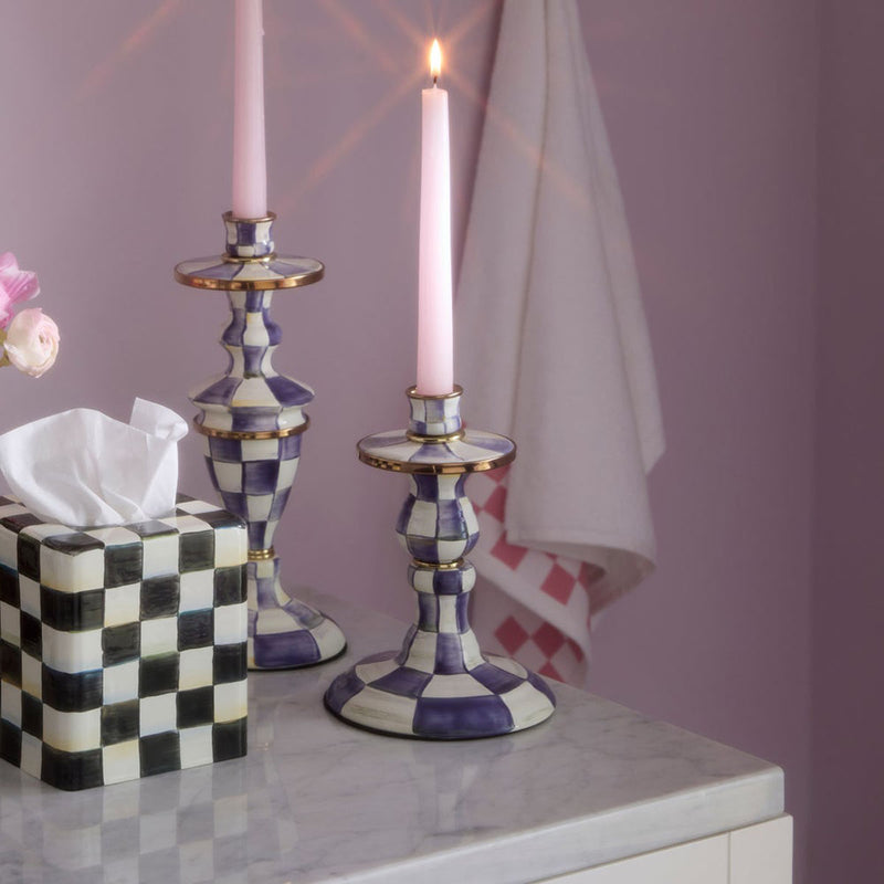 Mackenzie-Childs Violet Check Medium Enamel Candlestick