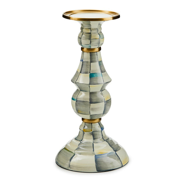 Mackenzie Childs Sterling Check Enamel Pillar Candlestick, Large