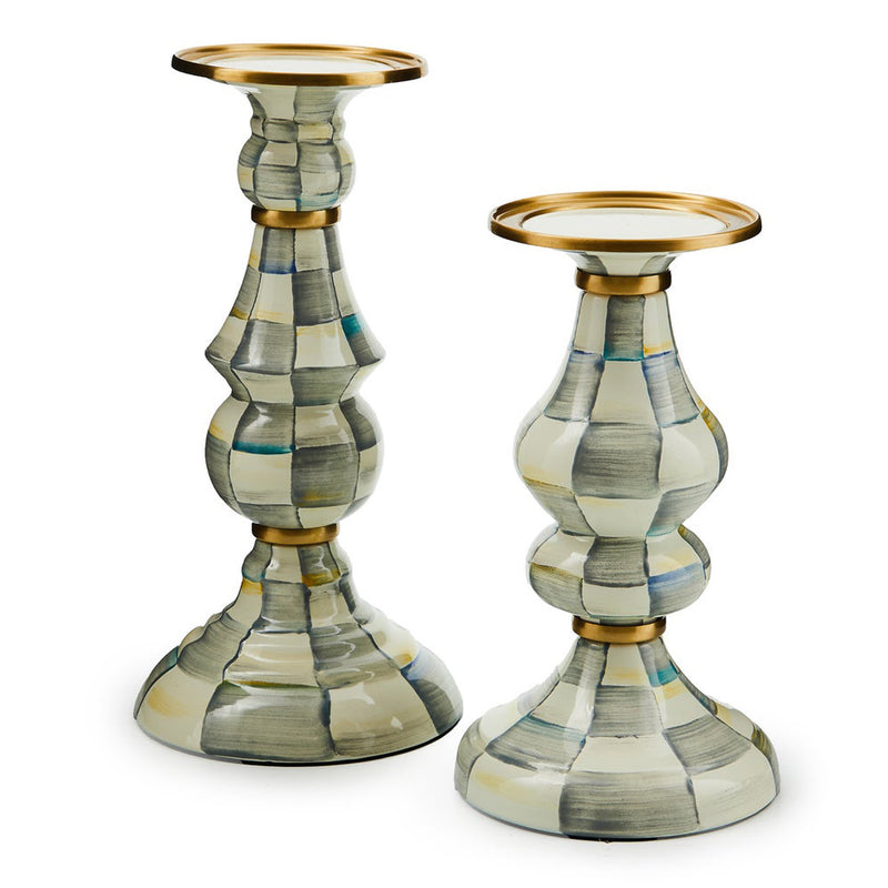 Mackenzie Childs Sterling Check Enamel Pillar Candlestick, Large