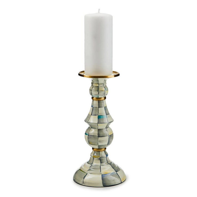 Mackenzie Childs Sterling Check Enamel Pillar Candlestick, Large