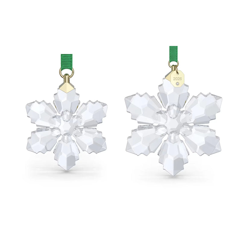 Crystal snowflake ornament set with green hanging ribbons and gold year tags