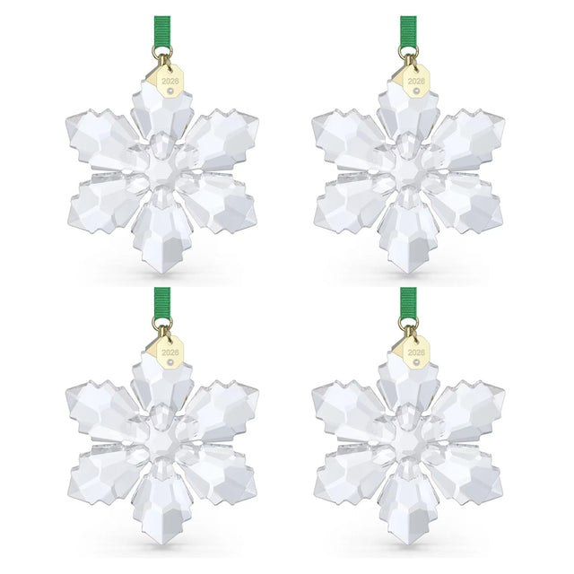 Swarovski 2026 annual edition crystal snowflake ornaments, set of 4 with green ribbons