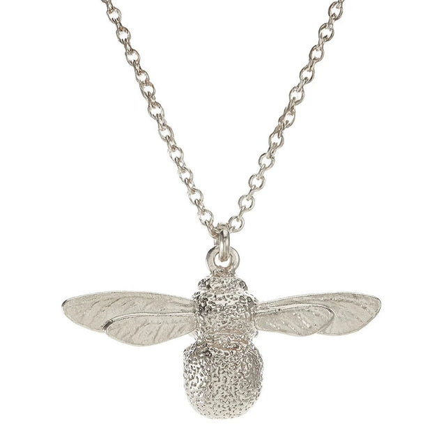 Sterling silver bee pendant necklace with textured wings and bell-like body charm