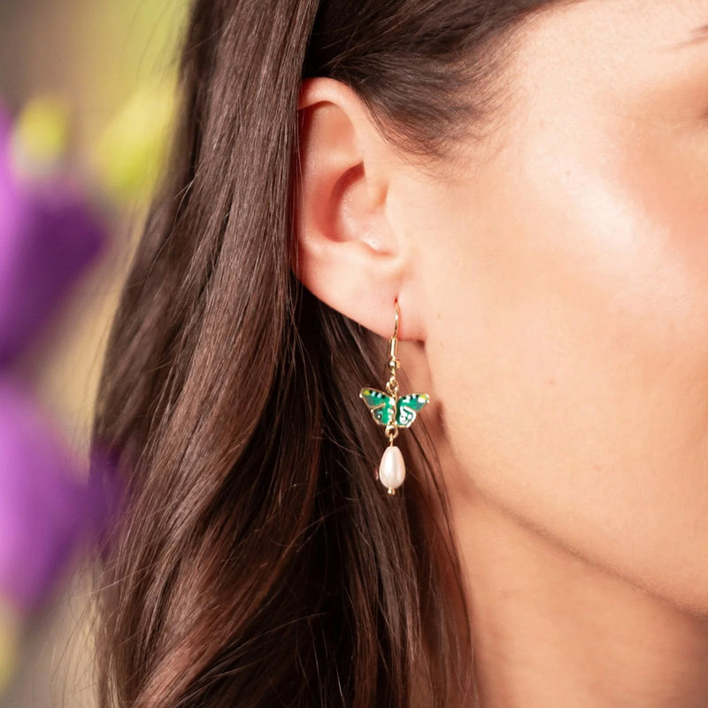 Bill Skinner Butterfly Pearl Drop Earrings, Green