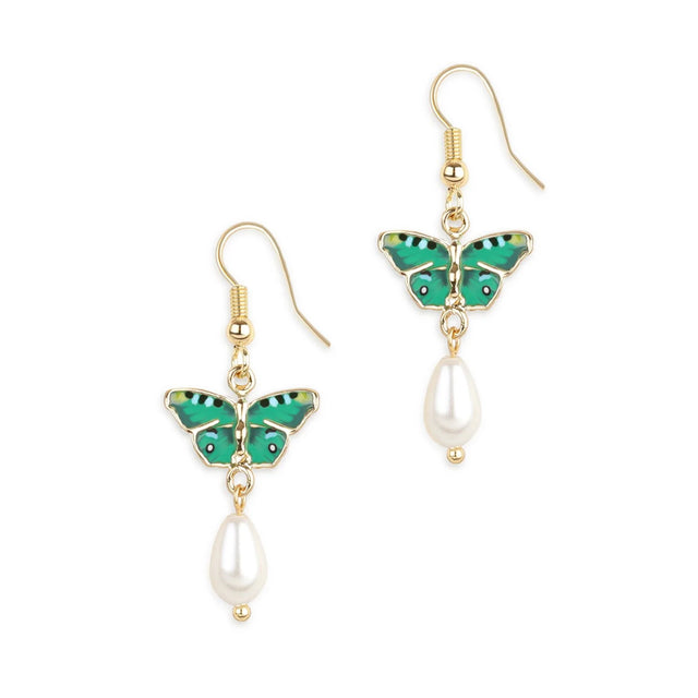 Bill Skinner Butterfly Pearl Drop Earrings, Green