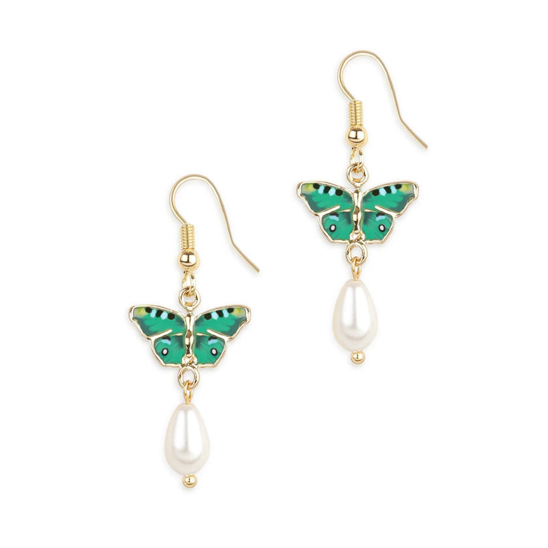 Bill Skinner Butterfly Pearl Drop Earrings, Green