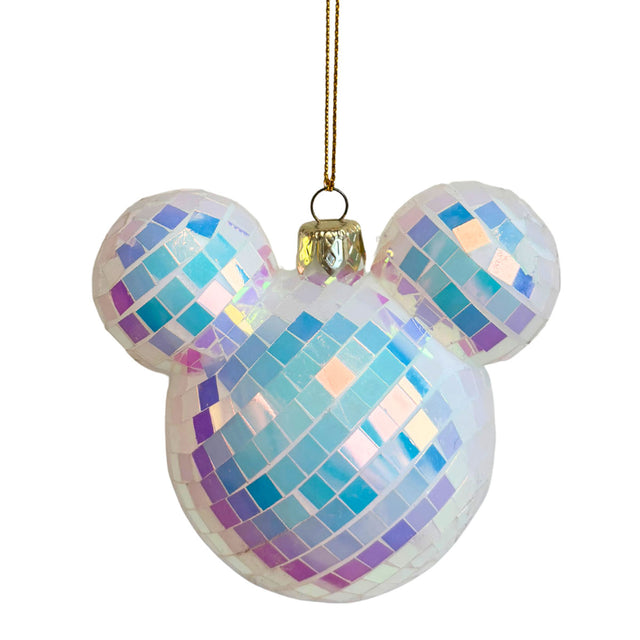 Iridescent Mickey mouse mosaic ornament with heart-like glitter panels