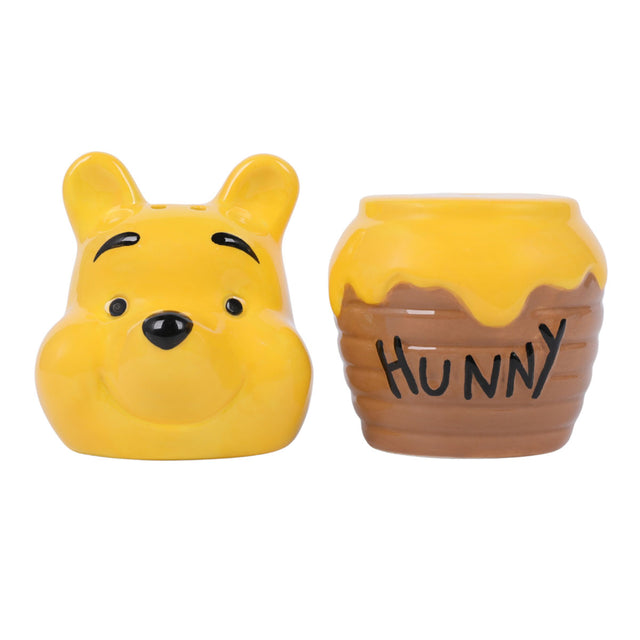 Pooh honey-themed salt and pepper shakers: Pooh bear head and “HUNNY” jar