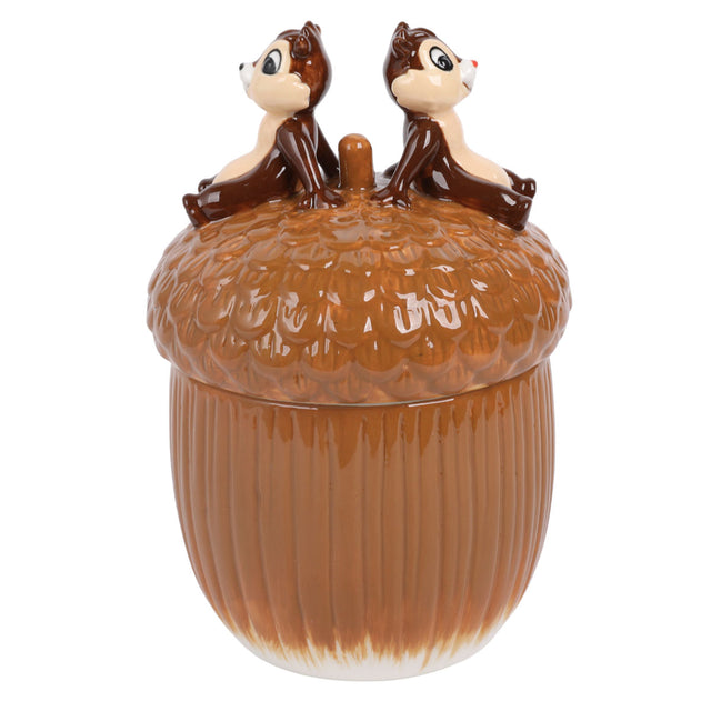 Ceramic acorn-shaped cookie jar with two chipmunk figures on the lid
