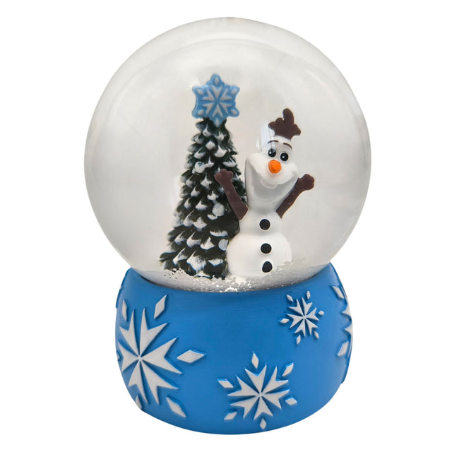 Small Olaf snow globe with snowman figure, pine tree, and blue snowflake base