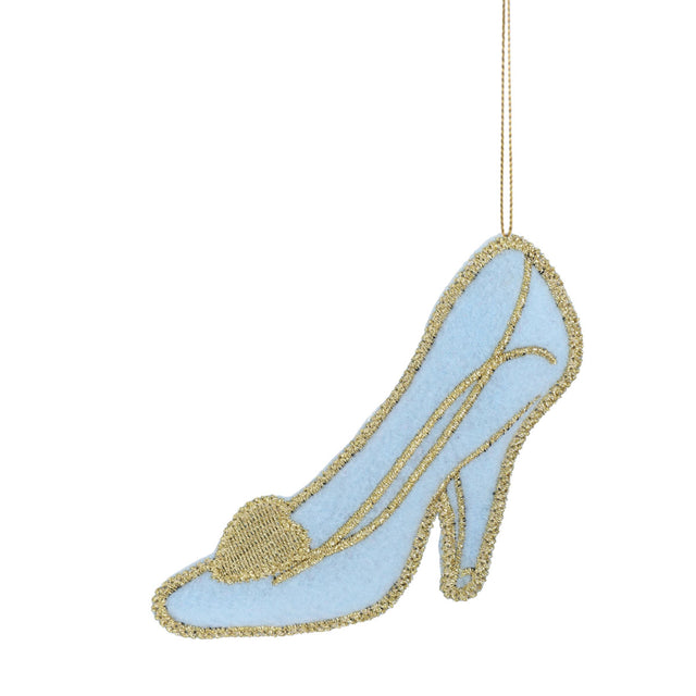 Glass slipper Christmas ornament, light blue with gold glitter trim, hanging loop