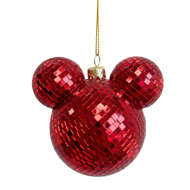 Red Mickey disco ball ornament with gold hanging loop