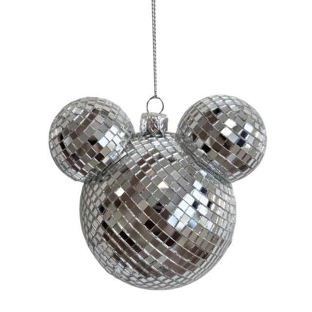 Silver mirrored mosaic Mickey mouse head ornament with hanging loop and ribbon