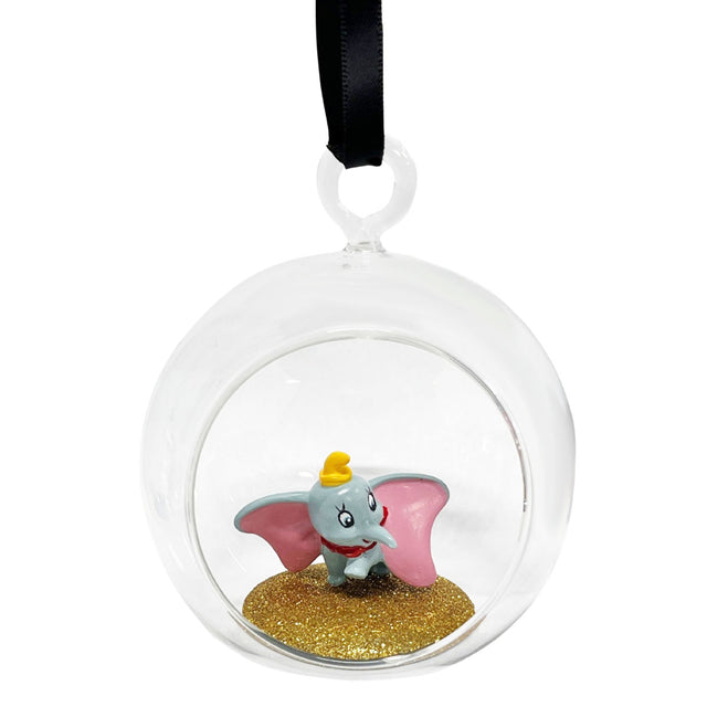 Clear round glass open bauble ornament with Dumbo-style elephant figurine inside on glitter base