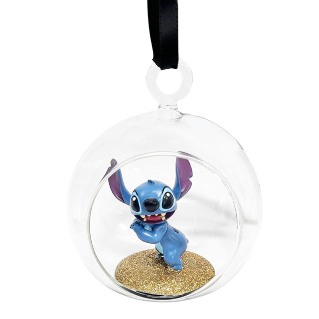 Open glass bauble ornament with blue character and gold glitter base