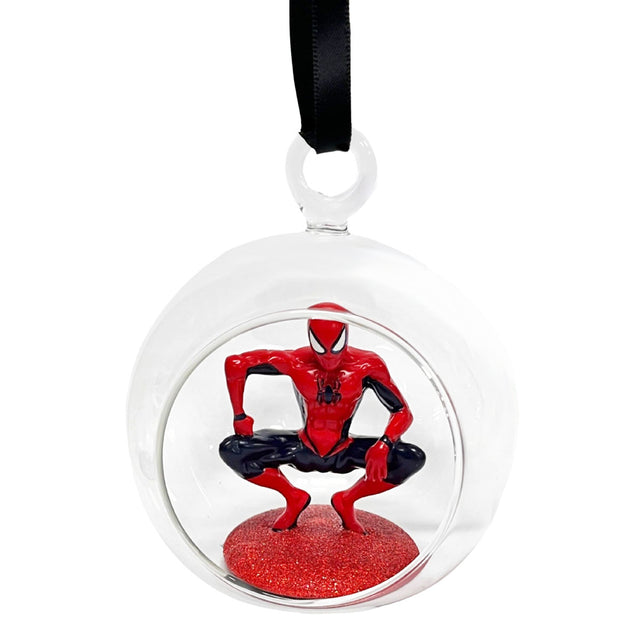 Spider-Man open bauble ornament with red glitter base and seated figure inside