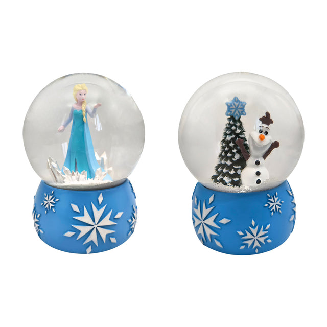Blue frozen snowglobe set with snowflake bases; woman figure and snowman with tree inside domes