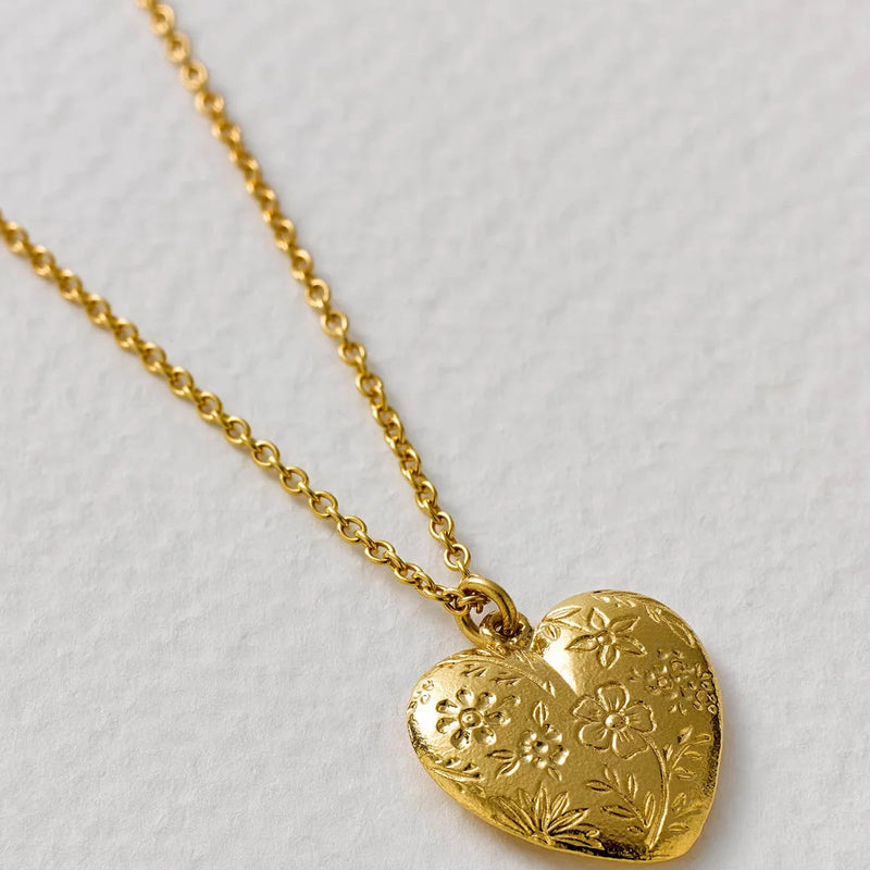 Alex Monroe Floral Engraved Heart Necklace, Gold Plated