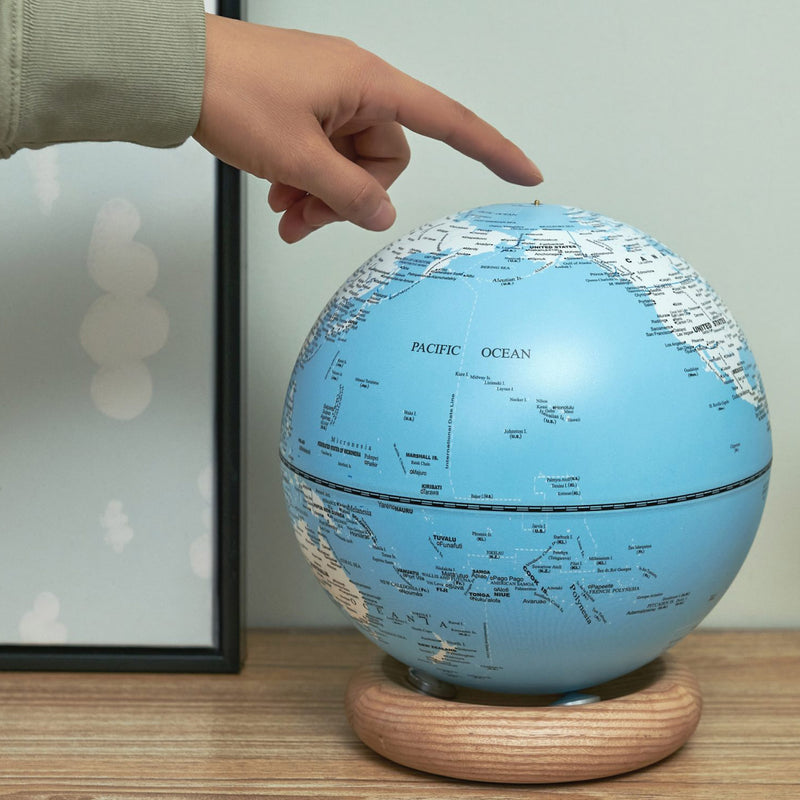 Gingko Atlas Globe Lamp, Large Light Ocean Blue, White Ash Base