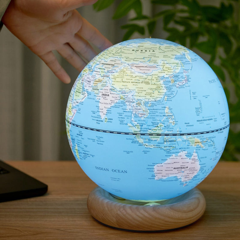 Gingko Atlas Globe Lamp, Large Light Ocean Blue, White Ash Base
