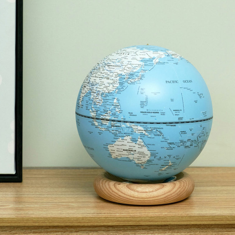Gingko Atlas Globe Lamp, Large Light Ocean Blue, White Ash Base