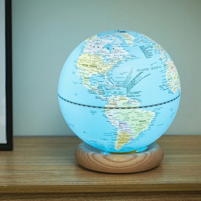 Gingko Atlas Globe Lamp, Large Light Ocean Blue, White Ash Base