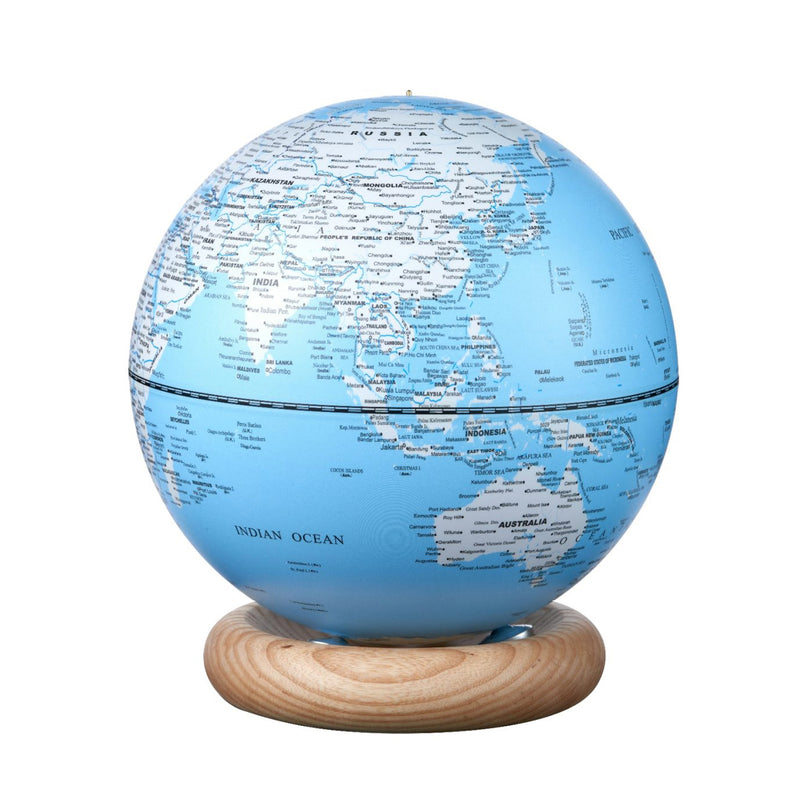 Gingko Atlas Globe Lamp, Large Light Ocean Blue, White Ash Base