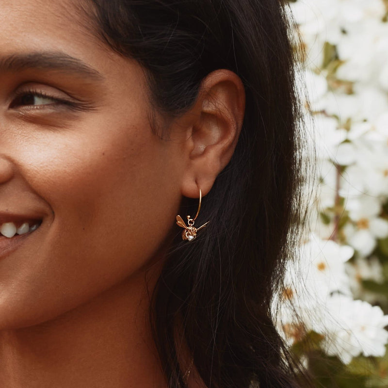 Alex Monroe Flying Bee with Pearl Hoop Earrings, Gold Plated