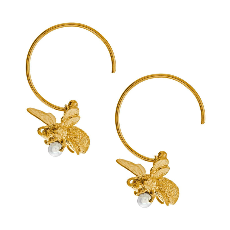 Alex Monroe Flying Bee with Pearl Hoop Earrings, Gold Plated