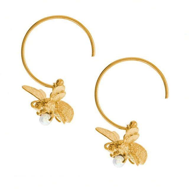 Gold-plated flying bee hoop earrings with pearl bead drop