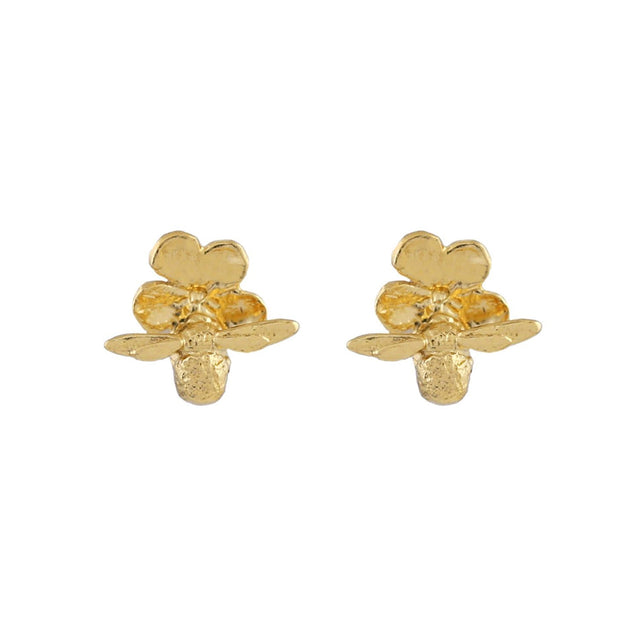Alex Monroe Forget Me Not Stud Earrings with Itsy Bitsy Bee, Gold Plated