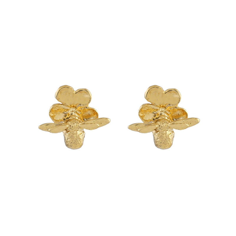 Alex Monroe Forget Me Not Stud Earrings with Itsy Bitsy Bee, Gold Plated