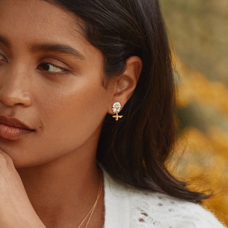 Alex Monroe Daisy Stud Earrings with Teeny Tiny Bee Drops, Silver & Gold Plated