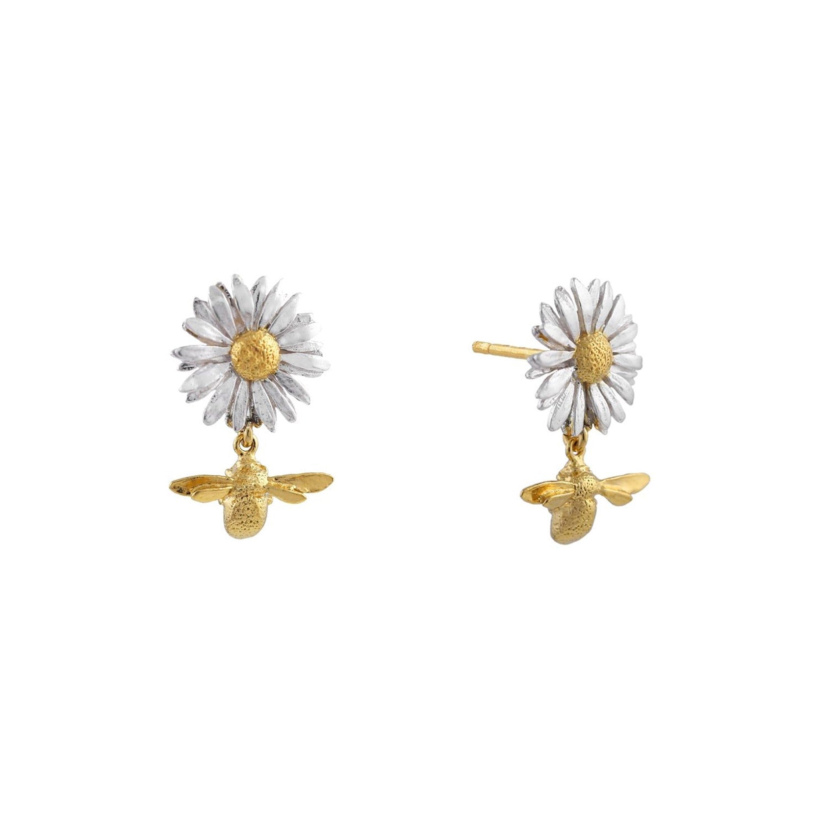 Alex Monroe Jewellery Daisy Stud Earrings with Teeny Tiny Bee Drops Silver Gold Plated David Shuttle Ltd
