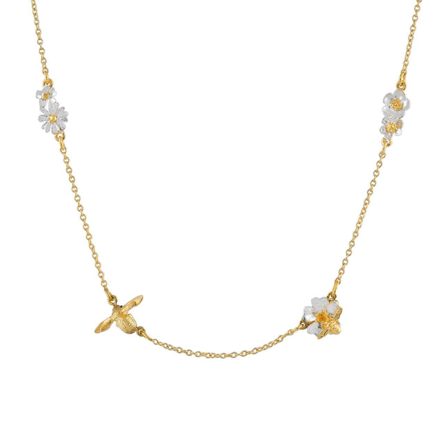 Alex Monroe Floral Chain Necklace with Teeny Tiny Bee, Silver & Gold Plated