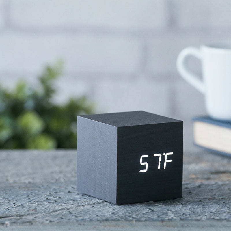Gingko Wooden Cube Click Clock, Black / White LED