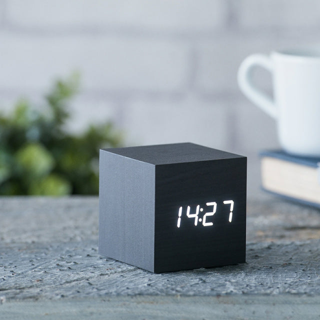 Gingko Wooden Cube Click Clock, Black / White LED