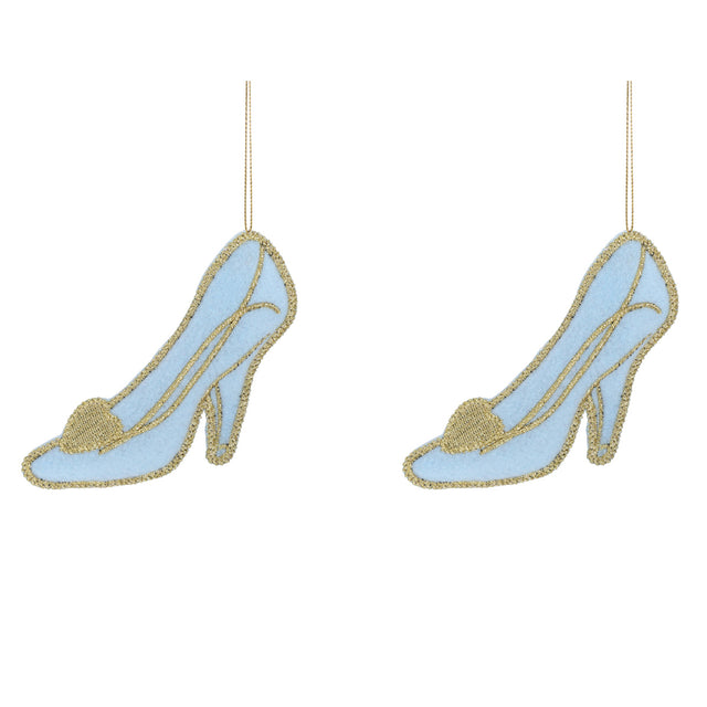 Glass slipper ornament set: two glittery blue high-heel shoe ornaments with gold trim, hanging loops