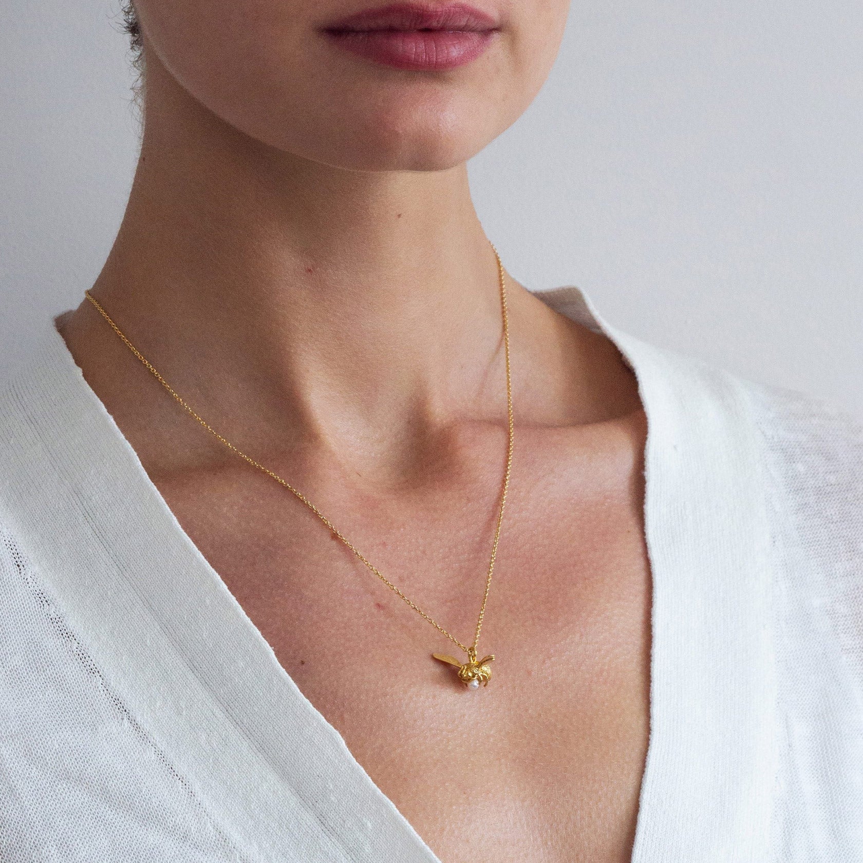 Alex Monroe Jewellery Flying Bee with Pearl Necklace, Gold Plated