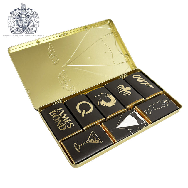 Small gold tin with wrapped milk chocolate bars, James Bond 007 branding