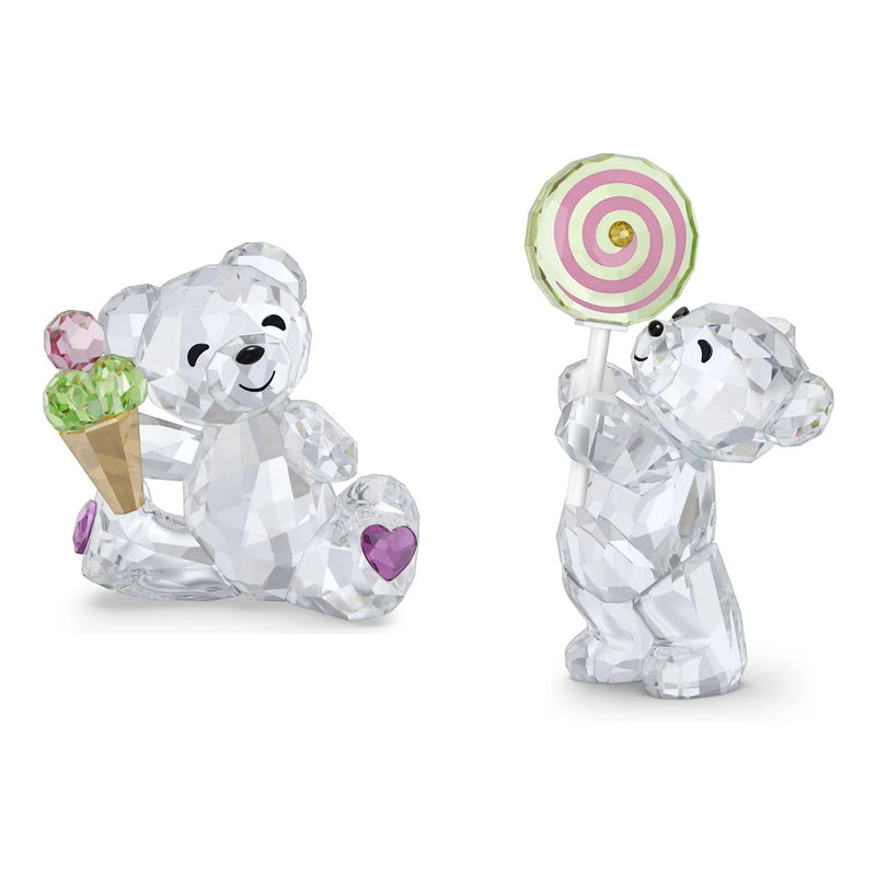 Crystal bear figurine set: one bear with ice cream cone, one bear holding lollipop