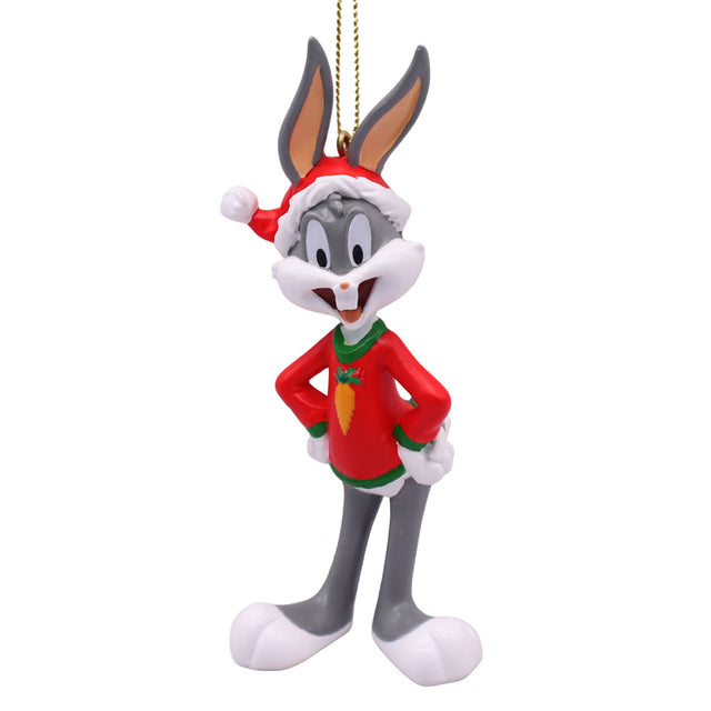 Hanging Bugs Bunny Christmas ornament, gray rabbit in red coat with green vest