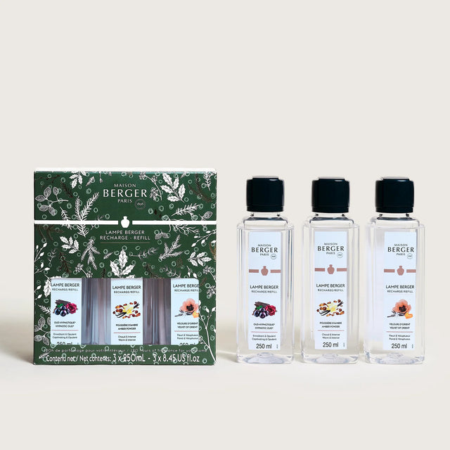 Maison Berger refill box with three clear 250 ml bottles and black caps.