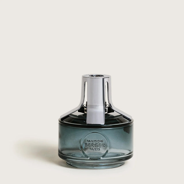 Blue glass aroma lamp with chrome top, Maison Berger Paris branding on base