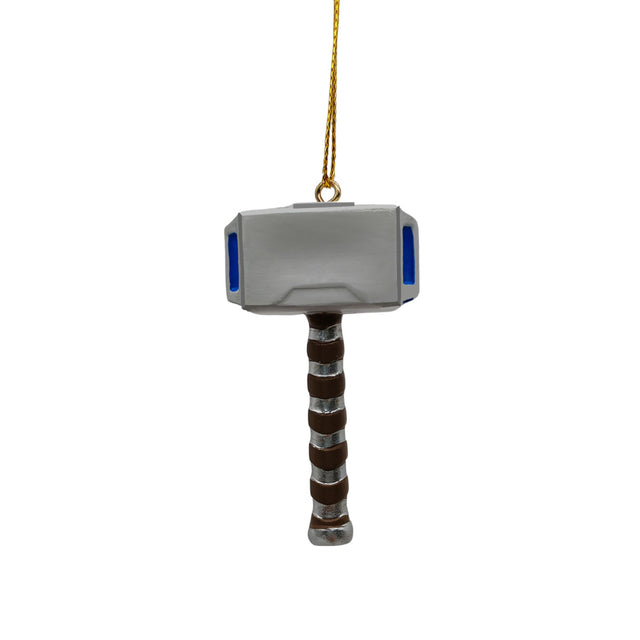 Gray Thor’s hammer ornament with blue accents and hanging gold cord